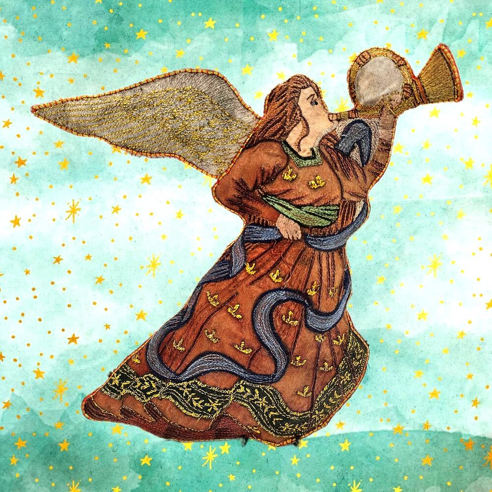 Vintage Large Old-World Fabric and Embroidered Angel Blowing Trumpet Ornament